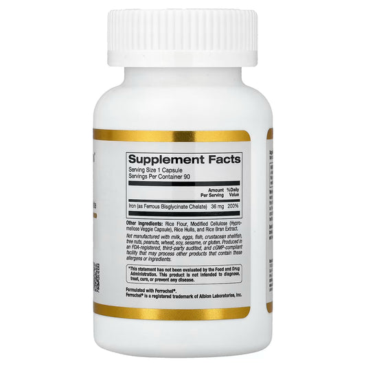 California Gold Nutrition Ferrochel® Iron (Bisglycinate), 36 mg, 90 Veggie Capsules