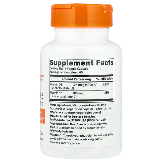Doctor's Best Vitamin D3 + K2, 5000 IU, 60 Veg Capsules