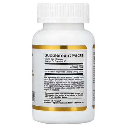 California Gold Nutrition Ferrochel® Iron (Bisglycinate), 36 mg, 90 Veggie Capsules