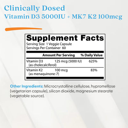 Doctor's Best Vitamin D3 + K2, 5000 IU, 60 Veg Capsules