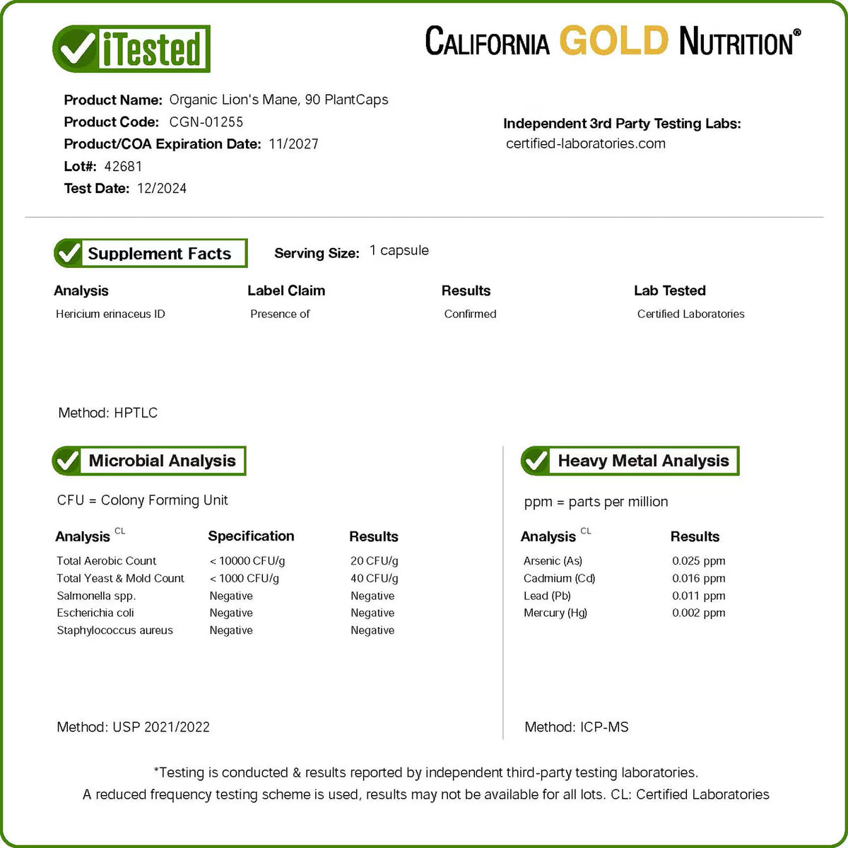California Gold Nutrition Organic Lion's Mane 600 mg - 90 Veg Capsules