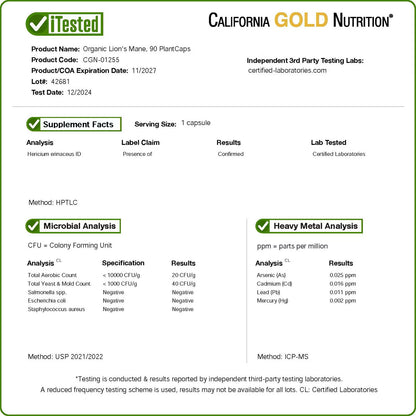 California Gold Nutrition Organic Lion's Mane 600 mg - 90 Veg Capsules